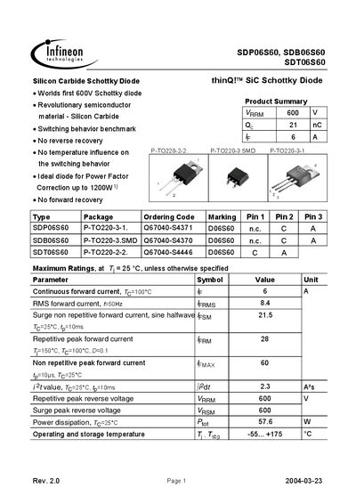 INFINEON SDP06S60 SDB06S60 SDT06S60 handbook - cover page