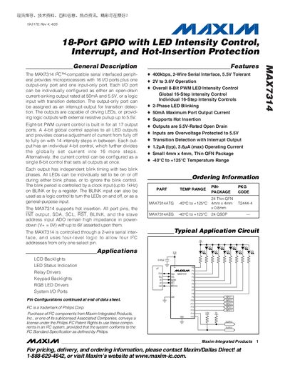 Maxim MAX7314 18-Port GPIO with LED Intensity Control Datasheet - cover page
