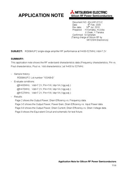 Mitsubishi Electric RDO9MUP2 Application Note AN-UHF-072-C - cover page