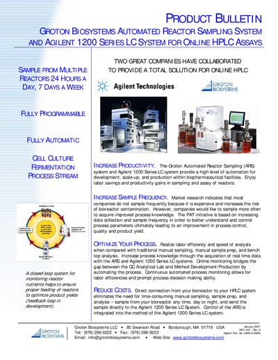 Groton Biosystems Automated Reactor Sampling System Agilent 1200 Series LC System for Online HPLC Assays Manual - cover page
