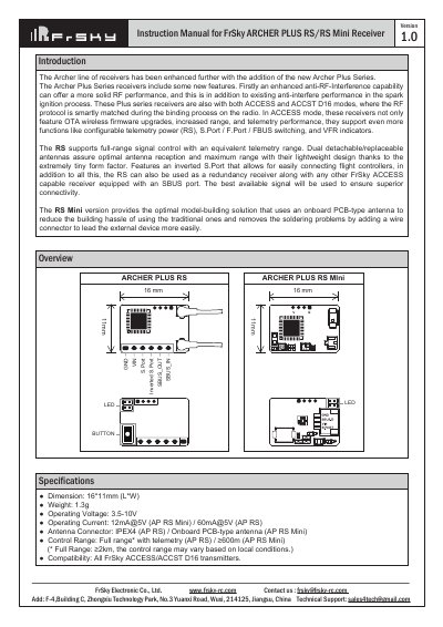 FrSky ARCHER PLUS RS/RS Mini Receiver User Manual - cover page