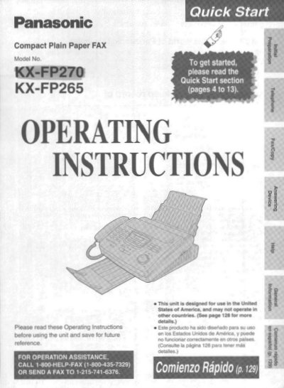 Panasonic KX-FP270/KX-FP265 Compact Plain Paper FAX Operating Instructions - cover page