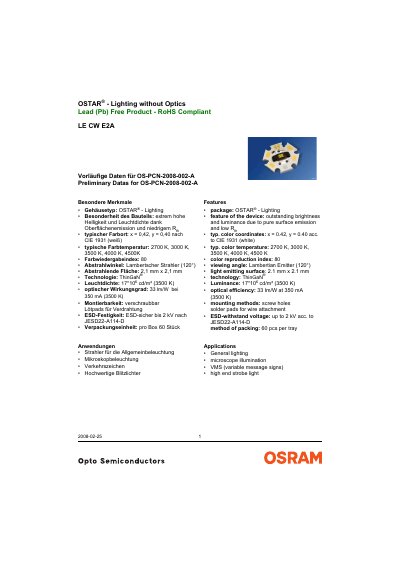 OSRAM LE CW E2AOSTAR Lighting without Optics Lead-Free RoHS Compliant Datasheet - cover page