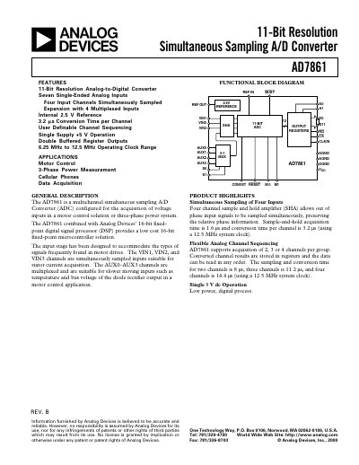 Analog Devices AD7861 11‑Bit Simultaneous Sampling A/D Converter Datasheet