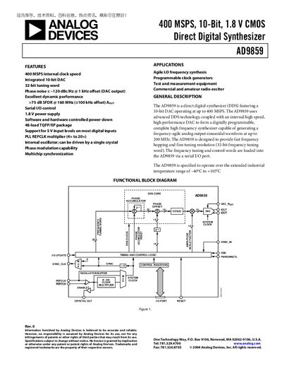 ANALOG DEVICES 400 MSPS 10-Bit 1.8 V CMOS Direct Digital Synthesizer AD9859 Manual(1) - cover page