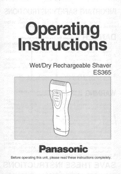 Panasonic ES365 Wet/Dry Rechargeable Shaver Operating Instructions - cover page