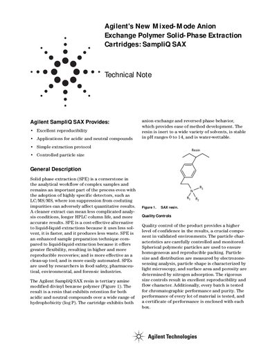 Agilent SampliQ SAX Mixed-Mode Anion Exchange SPE Cartridge Technical Note - cover page