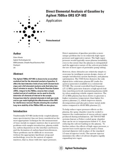 Agilent 7500ce ORS ICP-MS Direct Elemental Analysis of Gasoline Application Note - cover page