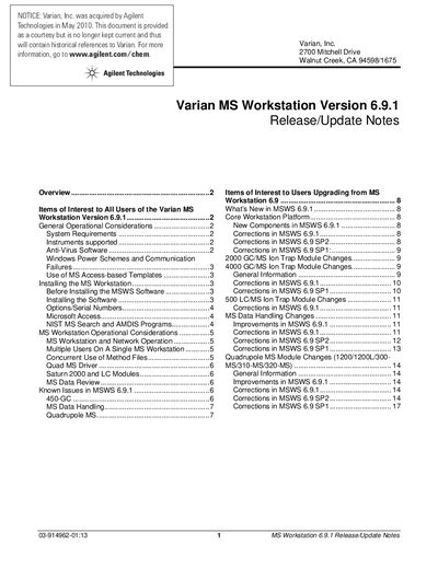 Agilent MS Workstation Version 6.9.1 Release/Update Notes - cover page