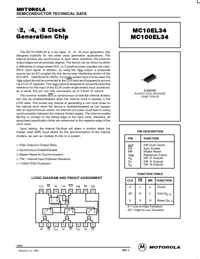 Motorola MC10EL34/MC100EL34 Clock Generation Chip Datasheet - cover page