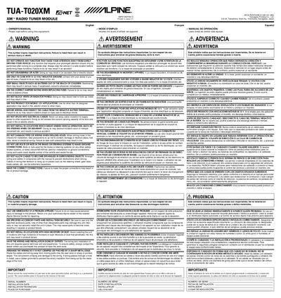Alpine TUA-T020XM XM Radio Tuner Module Owner's Manual - cover page