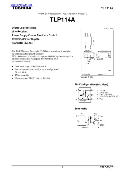 Toshiba TLP114A Photocoupler Datasheet - cover page