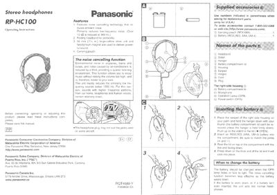Panasonic RP-HC100 Stereo Headphones Operating Instructions - cover page