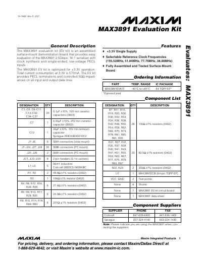 Maxim MAX3891 Evaluation Kit User Manual - cover page