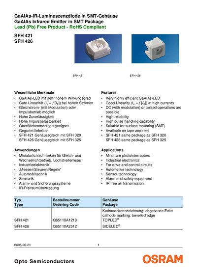 OSRAM SFH 421 & SFH 426 Datasheet - cover page