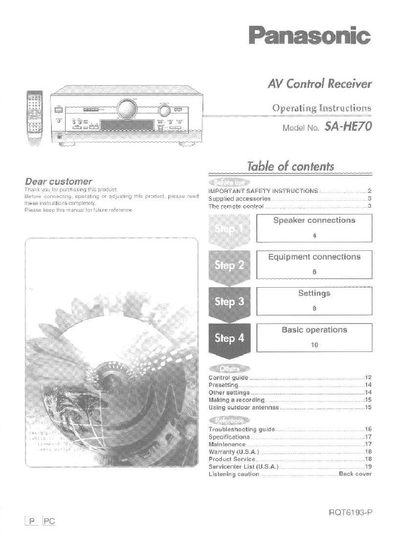 Panasonic SA-HE70 AV Control Receiver Operating Instructions - cover page