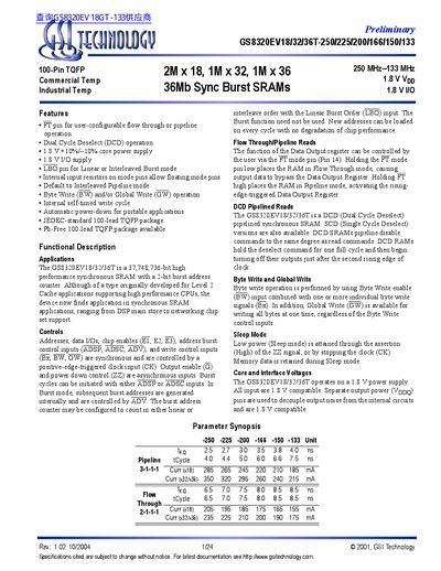 GSI TECHNOLOGY GS8320EV18/32/36T-250/225/200/166/150/133 handbook - cover page