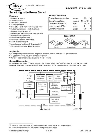 Infineon BTS442E2 Smart Highside Power Switch Datasheet - cover page