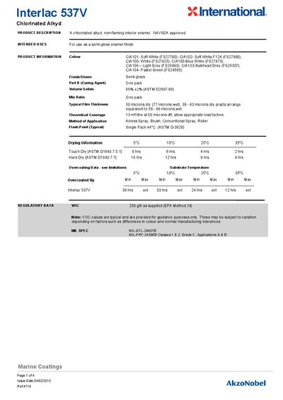 International Paint Interlac 537V Chlorinated Alkyd Technical Data Sheet - cover page