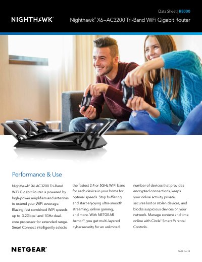 NETGEAR Nighthawk X6 AC3200 Tri-Band WiFi Gigabit Router Data Sheet R8000 - cover page
