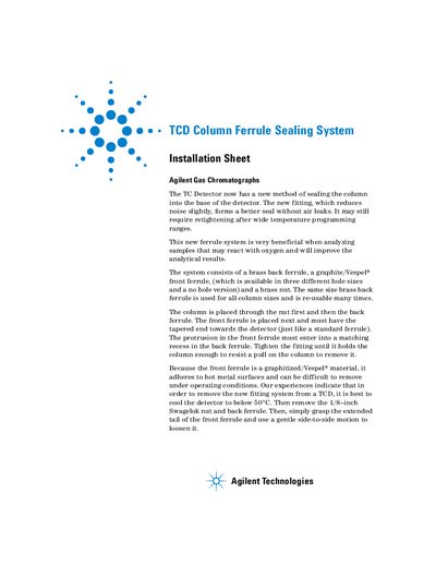 Agilent TCD Column Ferrule Sealing System (6890) Manual - cover page
