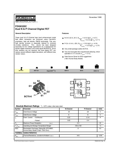 Fairchild FDG6320C Dual N & P Channel Digital FET Datasheet - cover page