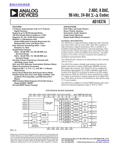 Analog Devices AD1837A 2 ADC 8 DAC Codec Datasheet