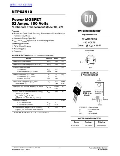 ON NTP52N10 Power MOSFET 52 Amps 100 Volts N Channel Enhancement Mode TO 220 handbook - cover page