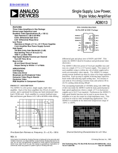 Analog Devices AD8013 Triple Video Amplifier Datasheet - cover page
