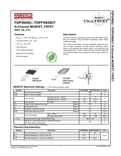 Fairchild FDP5N50U/FDPF5N50UT N-Channel MOSFET Datasheet - cover page