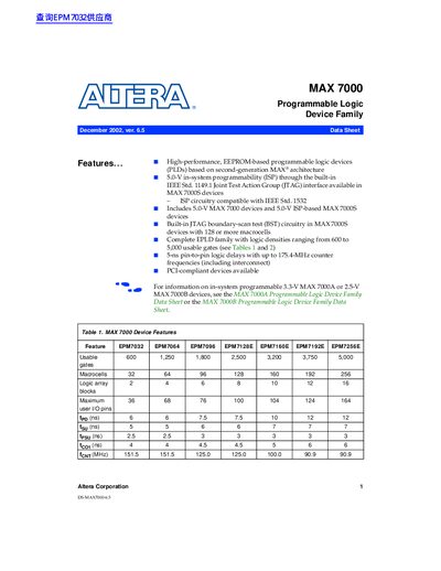Altera MAX 7000 Programmable Logic Device Family Data Sheet - cover page