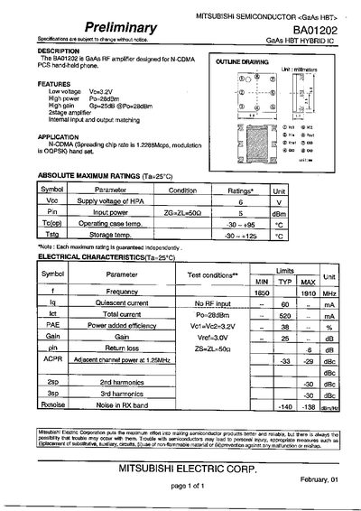 Mitsubishi BA01202 GaAs HBT Amplifier Datasheet - cover page