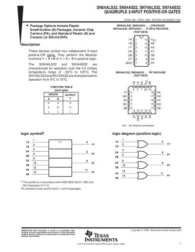 Texas Instruments SN54ALS32 / SN54AS32 / SN74ALS32 / SN74AS32 2-Input Positive-OR Gates Data Sheet - cover page