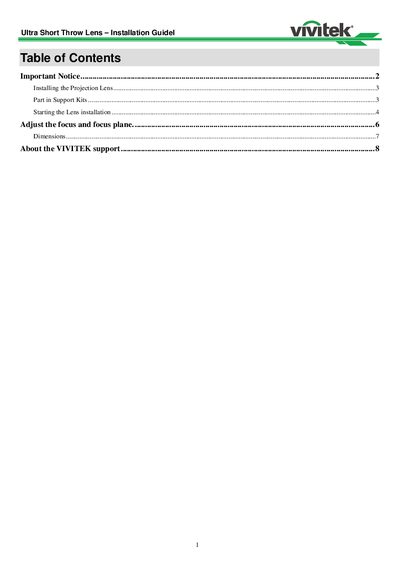 VIVITEK Ultra Short Throw Lens Installation Guide - cover page