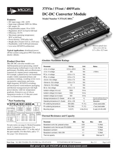 VICOR 375Vin 5Vout 400Watts DC-DC Converter Module Model Number V375A5C400A  - cover page