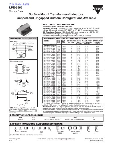 Vishay LPE-6562 Inductor Datasheet - cover page