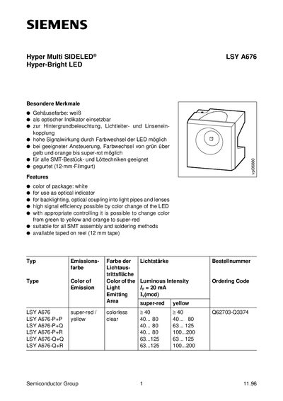 Siemens LSY A676 Hyper Multi SIDELED LED Datasheet - cover page