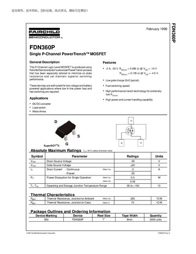 Fairchild FDN360P Single P-Channel PowerTrench MOSFET Datasheet - cover page