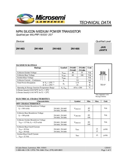 Microsemi 2N1483/2N1484/2N1485/2N1486 NPN Silicon Medium Power Transistor Datasheet - cover page