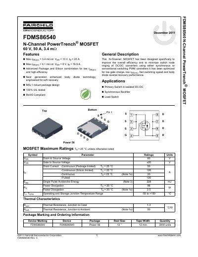 Fairchild FDMS86540 N-Channel PowerTrench MOSFET Datasheet - cover page