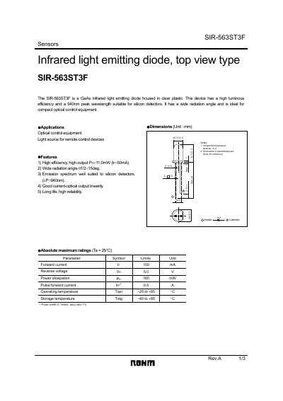 ROHM SIR-563ST3F Infrared LED Datasheet - cover page