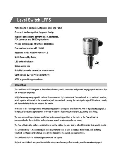 Baumer LFFS Level Switch Product Leaflet - cover page