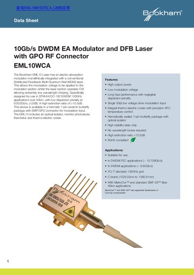 Bookham EML10WCA 10Gb/s DWDM EA Modulator DFB Laser with GPO RF Connector Data Sheet - cover page
