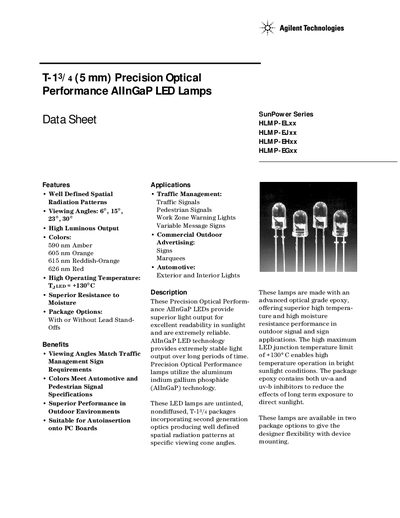 Agilent HLMP-ELXX HLMP-EJXX HLMP-EHXX HLMP-EGXX Precision Optical Performance AllnGaP LED Lamps Data Sheet - cover page
