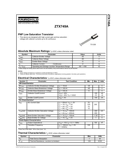 Fairchild Semiconductor ZTX749A PNP Low Saturation Transistor Datasheet - cover page