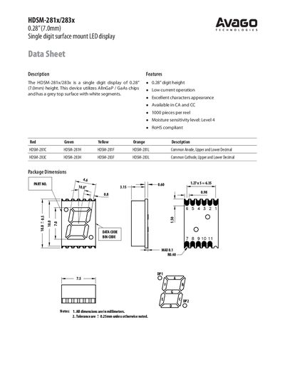 AVAGO TECHNOLOGIES HDSM-281x/283x 0.28 (7.0mm) Single digit surface mount LED display Manual - cover page