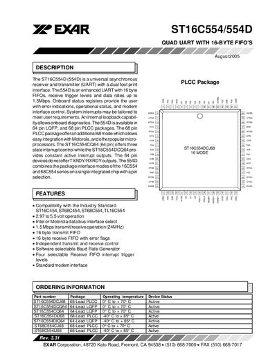 EXAR ST16C554/554D Rev. 3.31 PLCC Package QUAD UART WITH 16-BYTE FIFO S Manual