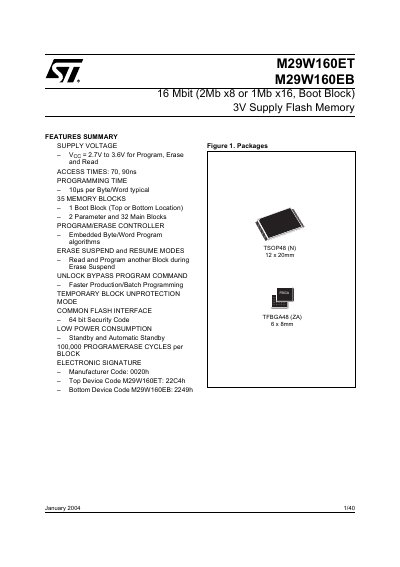 ST M29W160ET M29W160EB 16 Mbit (2Mb x8 or 1Mb x16 Boot Block) 3V Supply Flash Memory handbook - cover page