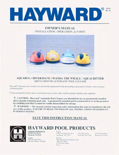Hayward AQUABUG/DIVER DAVE/WANDA THE WHALE/AQUACRITTER Above-Ground Automatic Pool Cleaner Owner's Manual - cover page