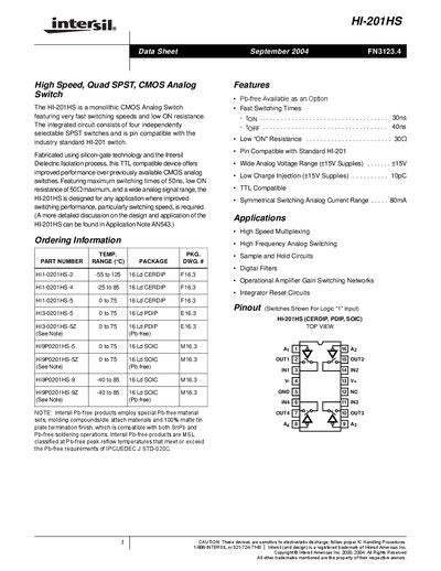 Intersil HI-201HS High Speed Quad SPST CMOS Analog Switch Datasheet - cover page